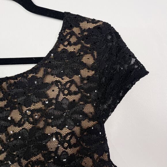 Connected Apparel 10 Black Illusion Lace Nude Cowl Back Sheath Cocktail Dress - Picture 5 of 11